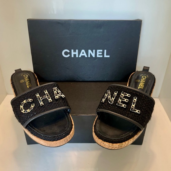 CC Black Tweed Gold Chain Sandals - Picture 1 of 9